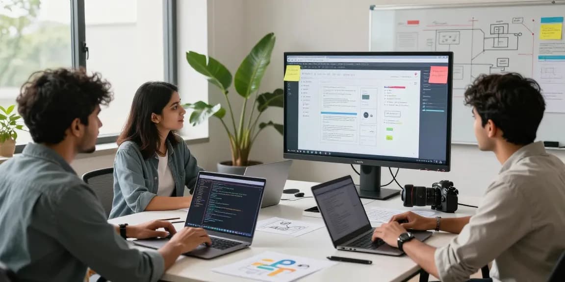 Team collaborating in a modern workspace for web development in Gorakhpur, showcasing coding and design processes.