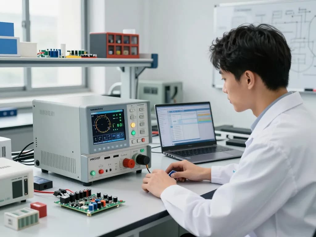 Engineer using the HANMATEK® HM310T Programmable DC Power Supply to control voltage and current settings for testing electronics, illustrating what does a programmable power supply do in a lab environ