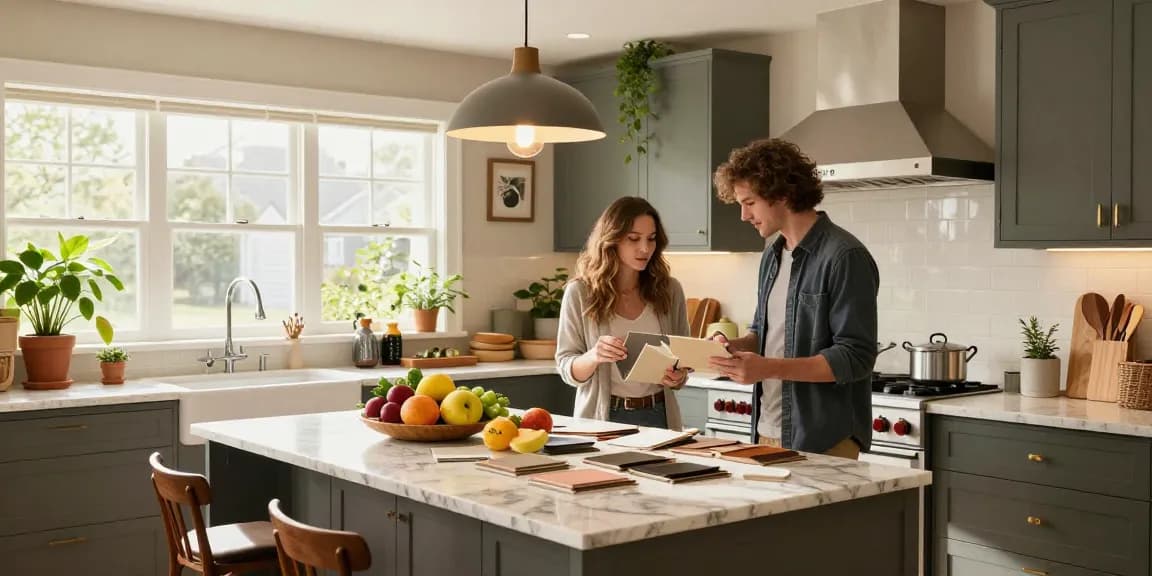 Stylish kitchen design renovation with a homeowner examining countertop samples and vibrant fruits.