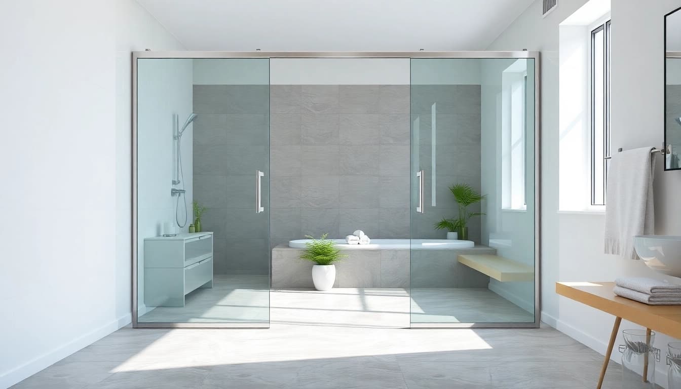 Elegant shower doors sliding in a modern bathroom, showcasing sleek glass design and inviting atmosphere.