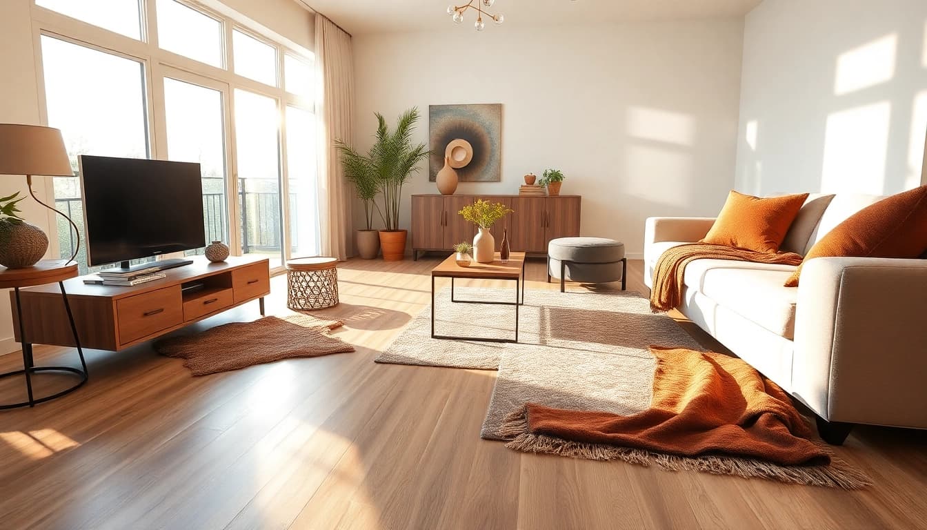 Enhance your home with waterproof vinyl flooring featuring elegant textures and a cozy setting.