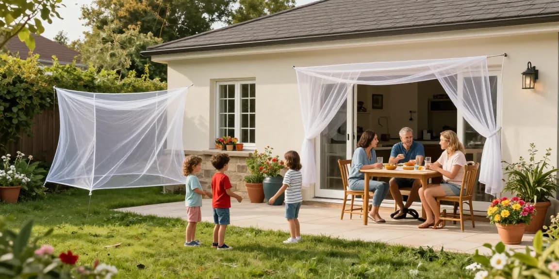 Family enjoying a summer gathering outdoors with sineklik installed at windows and doors to keep bugs away.