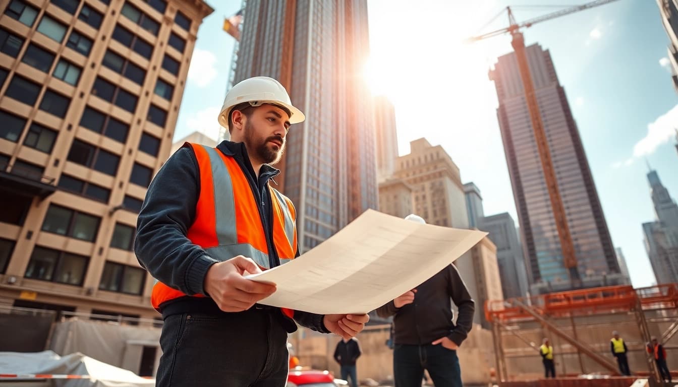 Manhattan General Contractor supervising a construction site in New York City with blueprints.