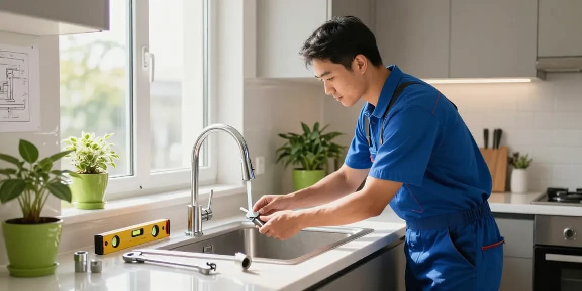 Expert plumbers in Singapore installing a modern water tap in a bright kitchen, showcasing professional plumbing skills.
