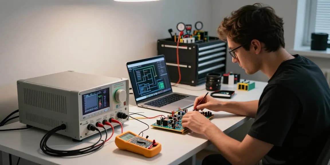 Kiprim DC620S programmable power supply on a modern workspace desk with tools and components, showcasing a professional electronic setup.