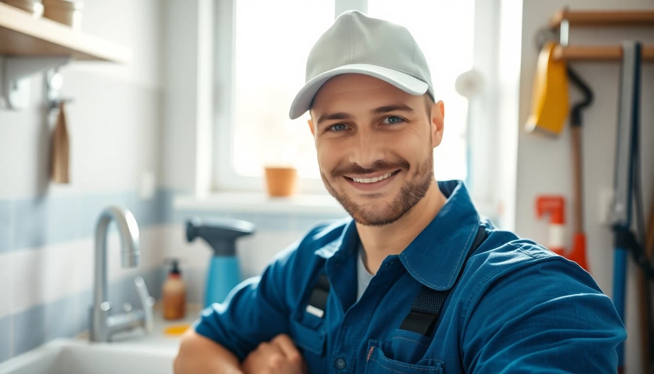 Plumber near me fixing a kitchen sink with modern tools in a bright setting.