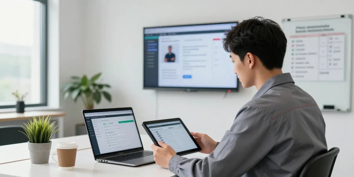 Technician using a CRM for contractors and technicians in a modern office environment, showcasing efficient job scheduling and management tools.