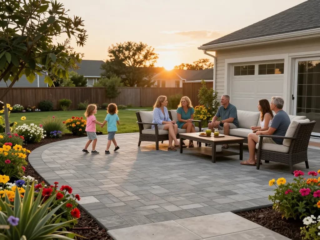 Paver installation near me showcasing a stunning family-friendly outdoor patio environment with vibrant landscaping.