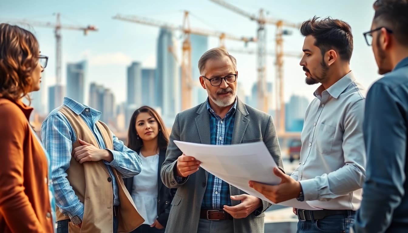 Engaged Manhattan General Contractor explaining projects to clients at a bustling construction site.