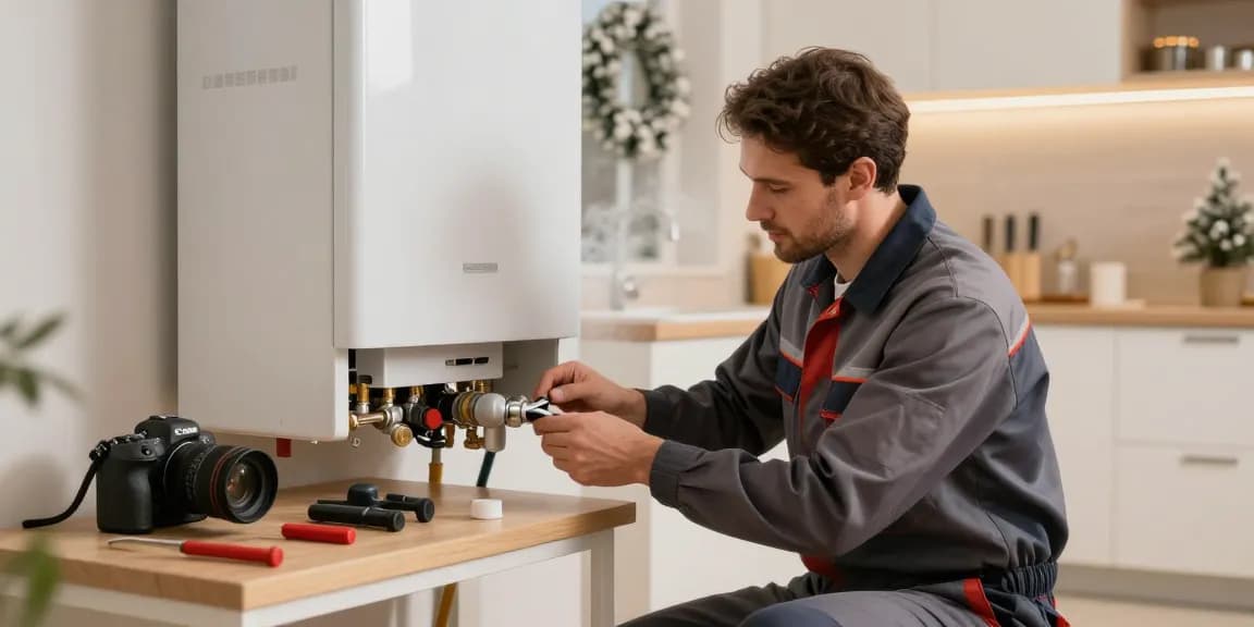 Technician delivering van kombi servisi in a modern home, ensuring optimal heating.
