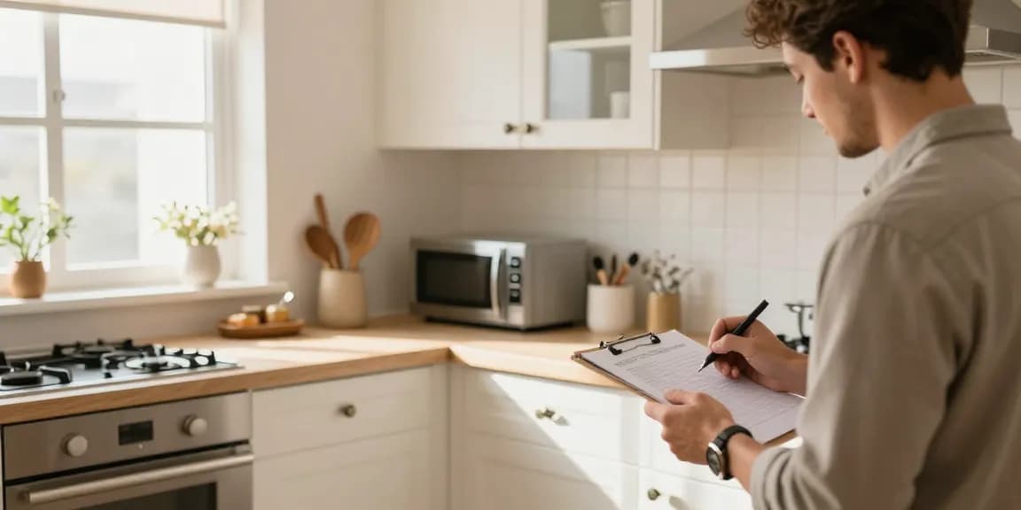 ان inviting kitchen scene depicting شراء مطابخ مستعملة بالرياض, with person inspecting cabinetry.
