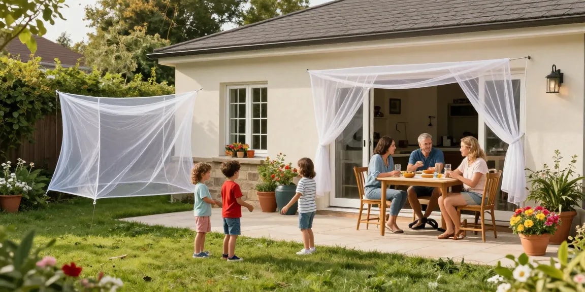 Family enjoying a summer gathering outdoors with sineklik installed at windows and doors to keep bugs away.