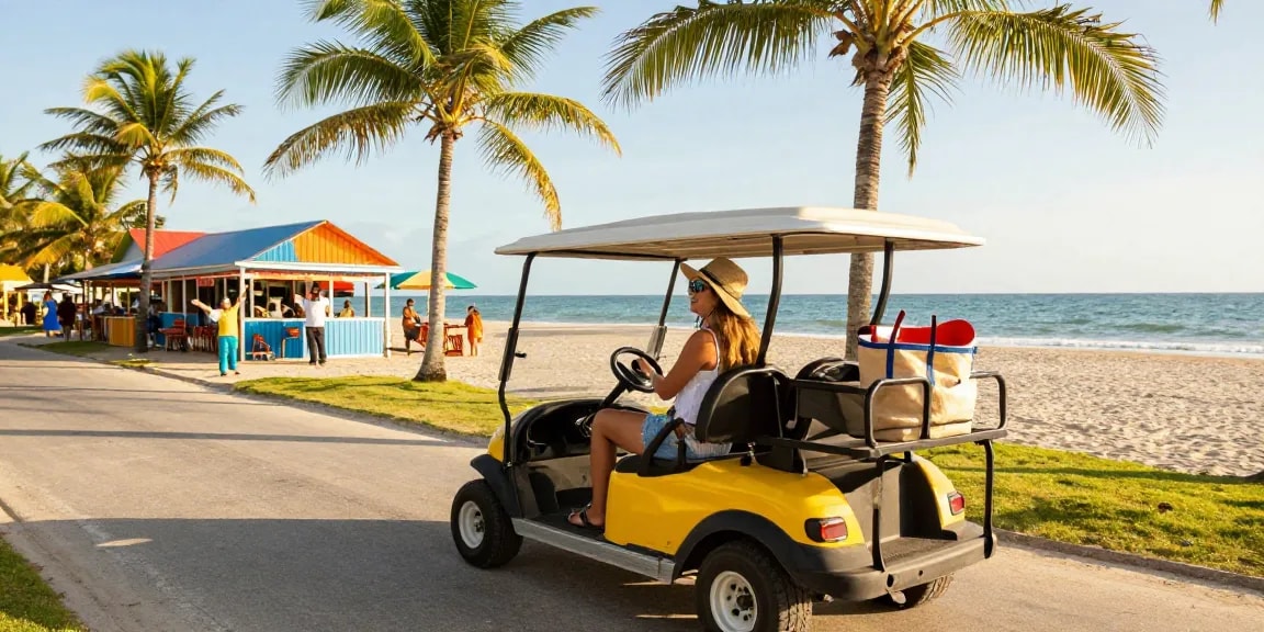 Golf cart rental San Pedro Belize with a traveler enjoying a scenic ride along the beach road, vibrant atmosphere showcasing fun exploration.