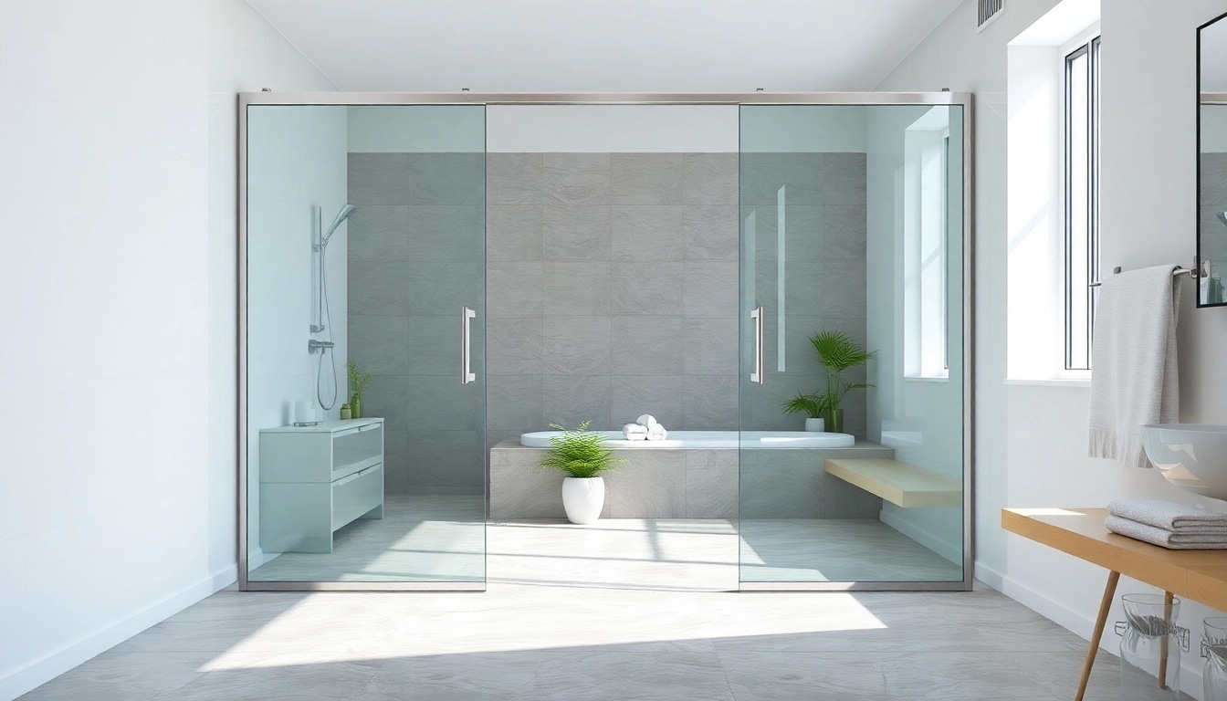 Elegant shower doors sliding in a modern bathroom, showcasing sleek glass design and inviting atmosphere.