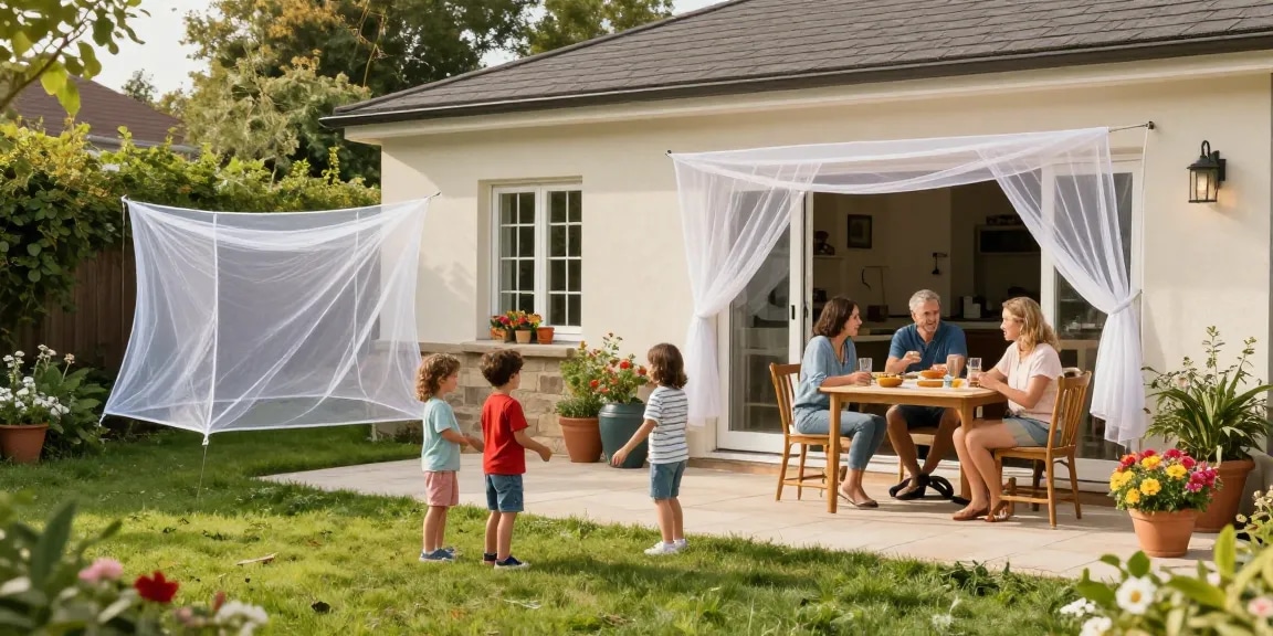 Family enjoying a summer gathering outdoors with sineklik installed at windows and doors to keep bugs away.