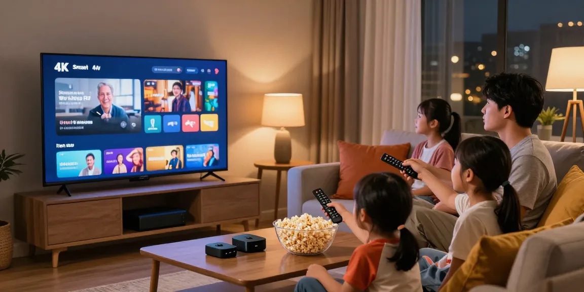 Family enjoying premium IPTV kopen experience in a cozy living room with 4K content.