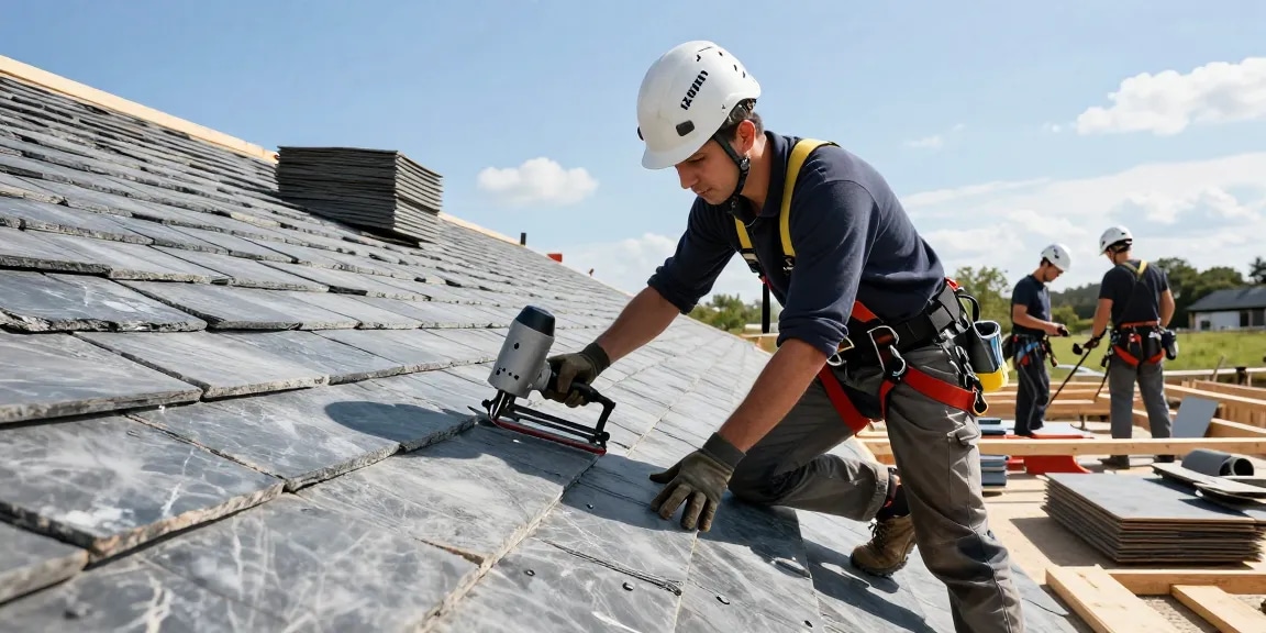 Expert contractor from an entreprise de toiture à Seraing installing slate tiles on a roof, showcasing professional craftsmanship.