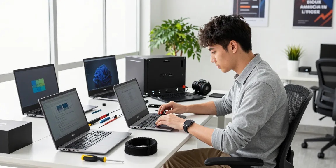 Acer laptops and tools in a modern workspace by ulpressbureau.ma, a professional assembling computers.