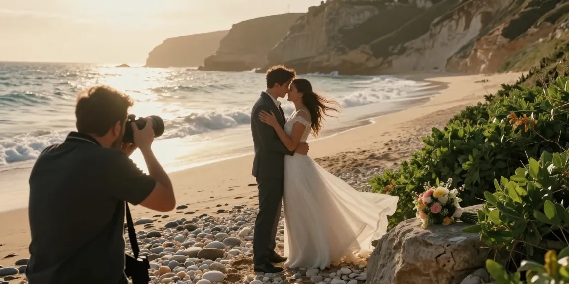 Couple embracing on Algarve beach with dr 70 wedding photography capturing genuine emotions during sunset.