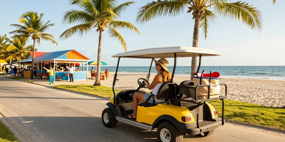 Golf cart rental San Pedro Belize with a traveler enjoying a scenic ride along the beach road, vibrant atmosphere showcasing fun exploration.