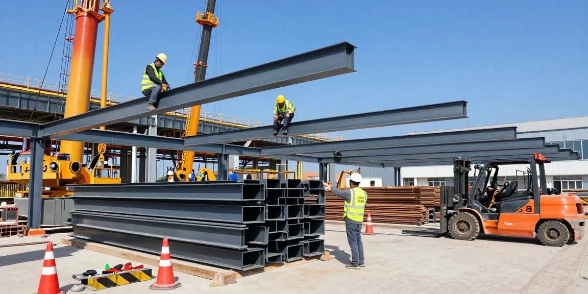Dynamic construction scene showcasing dpconsteel.in pre-engineered buildings in action.