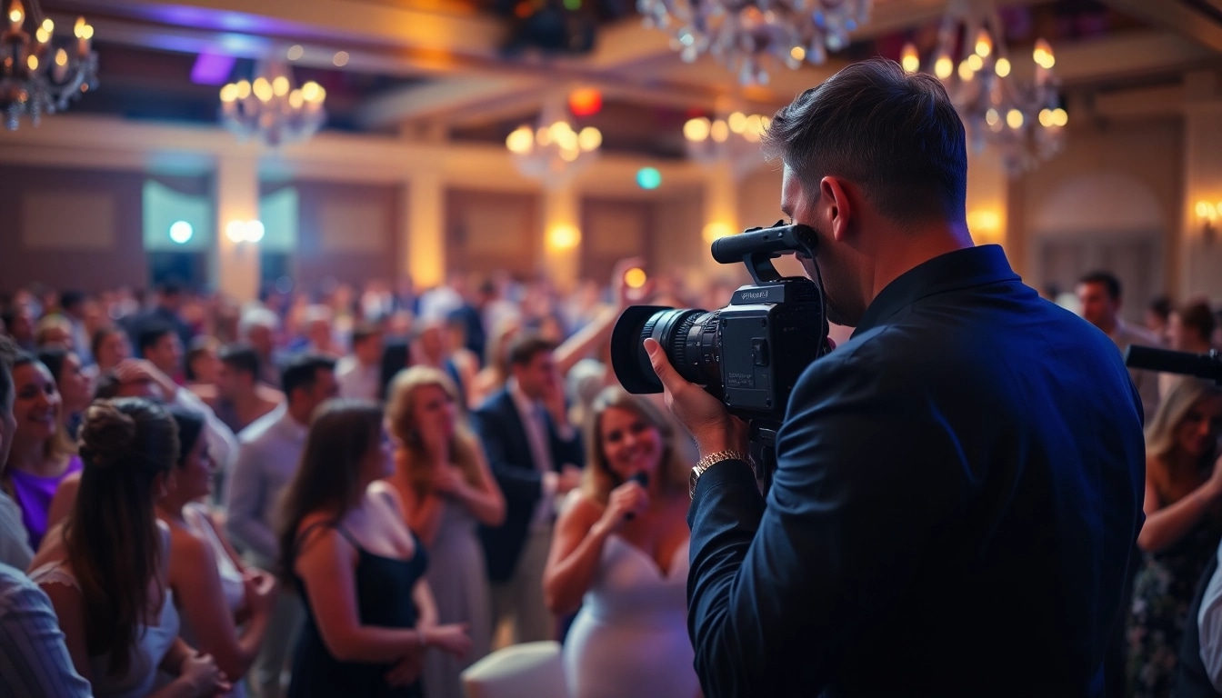 Captivating event videography services capturing joyful moments in a vibrant wedding venue.