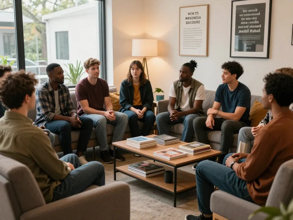 A supportive man club atmosphere with diverse men discussing and connecting over mental health.
