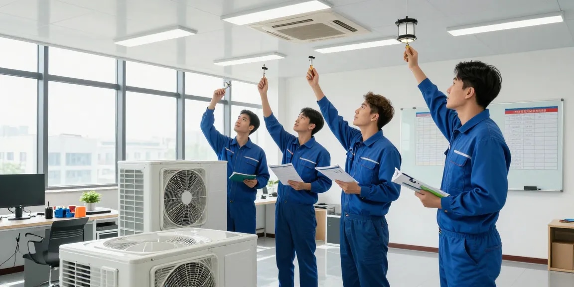 Facilities maintenance team performing inspection in a modern office setting.