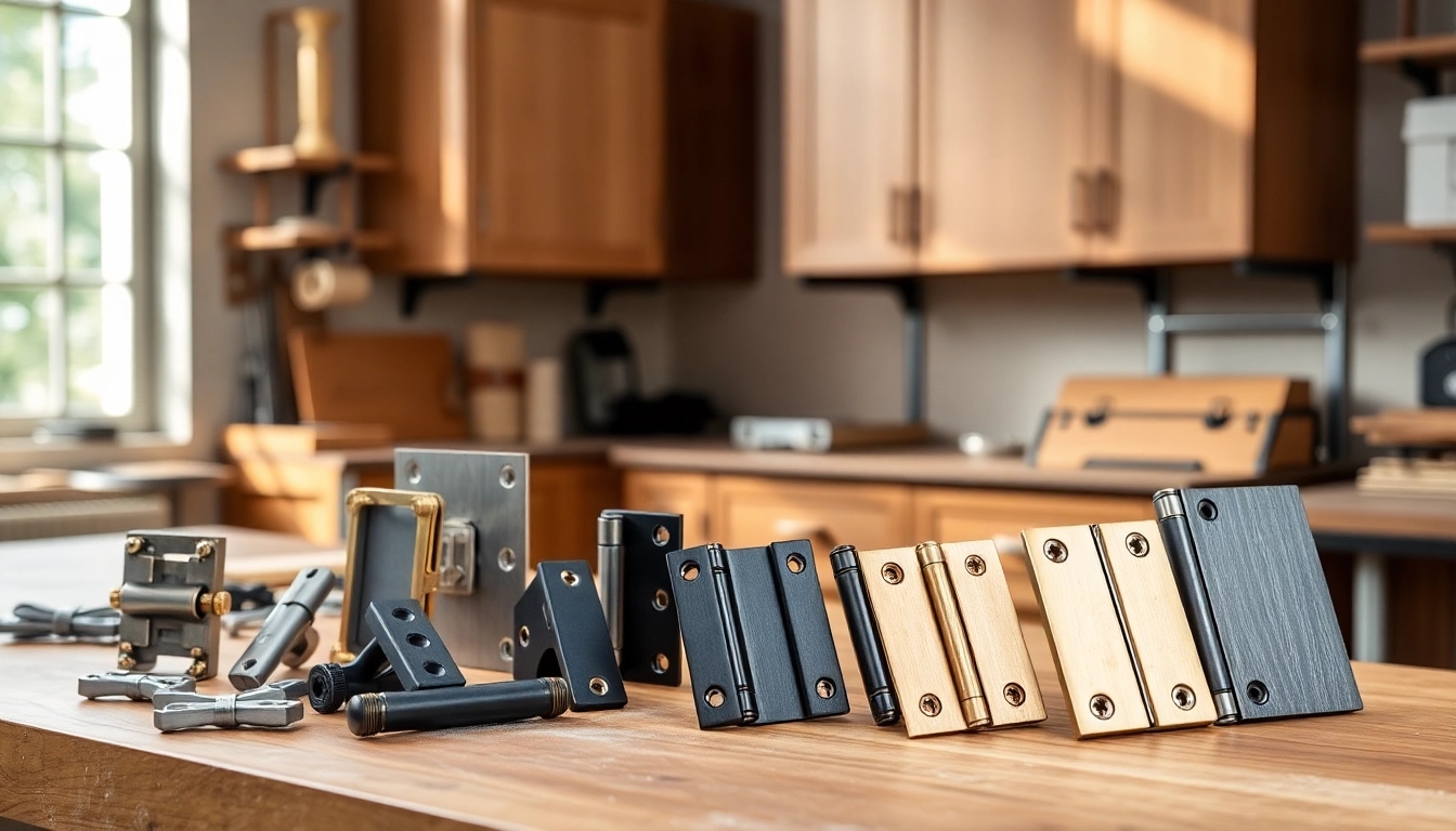 Showcase of high-quality cabinet hinges by Cabinet Hinge Manufacturers on a workshop table.