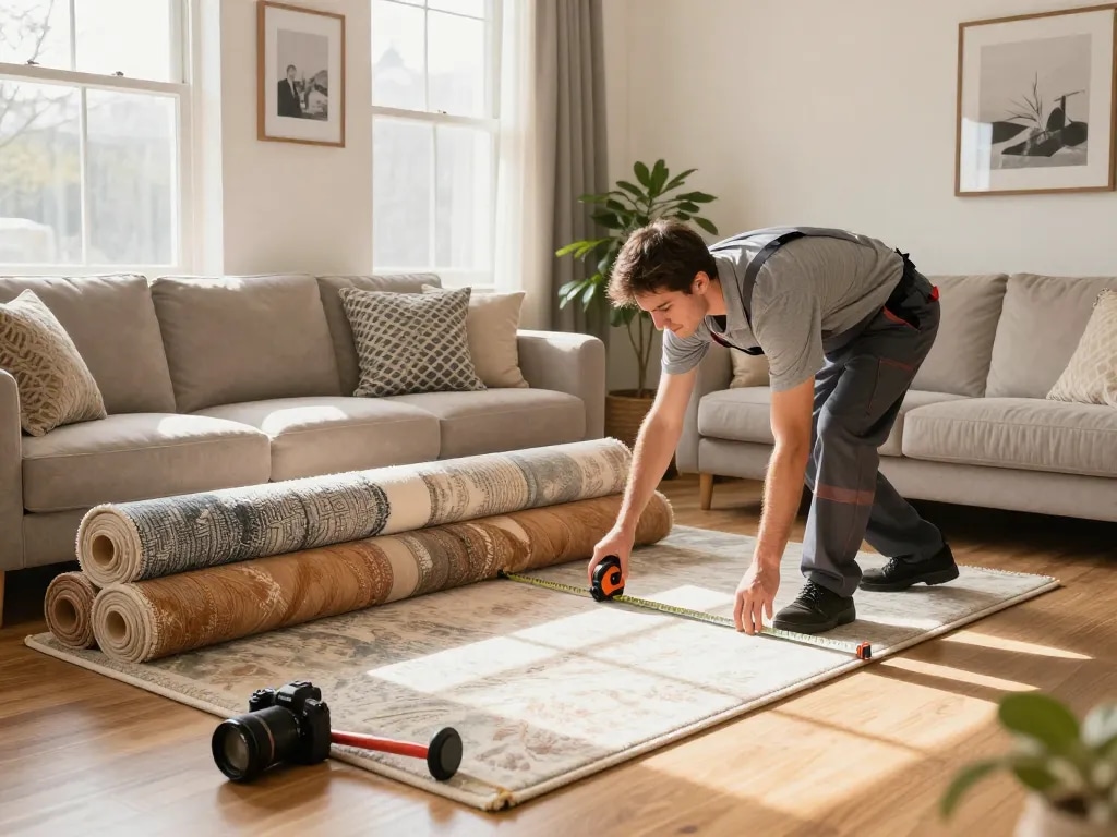 Carpet fitters near me measuring living room for new carpet installation with professional tools and colorful samples.