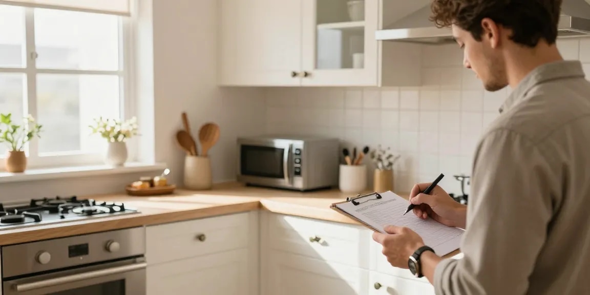 ان inviting kitchen scene depicting شراء مطابخ مستعملة بالرياض, with person inspecting cabinetry.