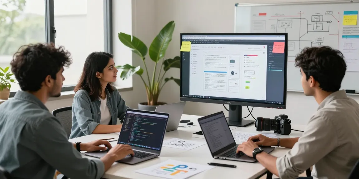 Team collaborating in a modern workspace for web development in Gorakhpur, showcasing coding and design processes.