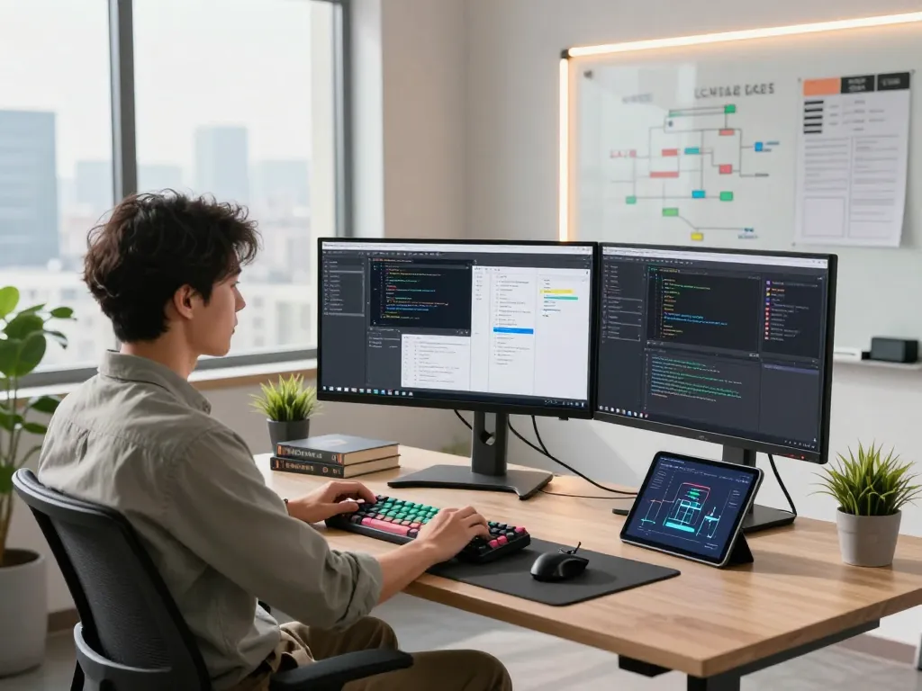 wps 下载 in a modern software development workspace featuring a developer coding on multiple monitors and a collaborative interface.