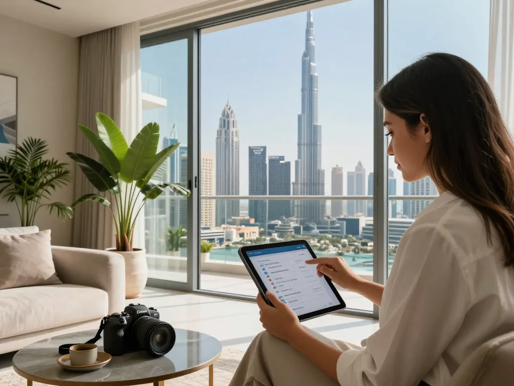 Experience seamless airbnb management dubai with a stylish apartment and a dedicated host reviewing bookings