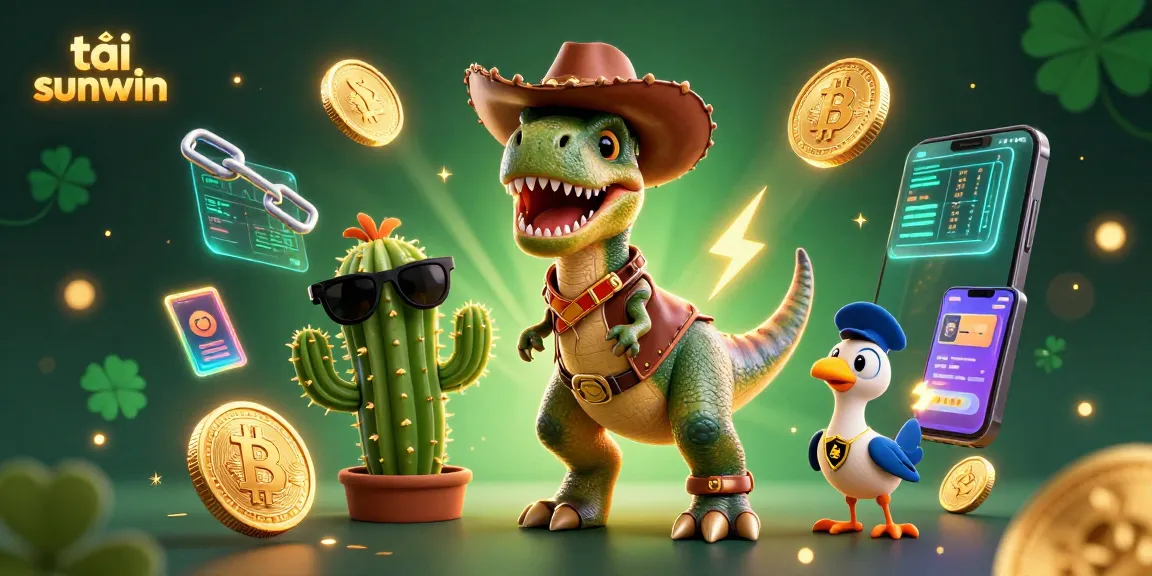 Experience excitement with tải sunwin featuring a cowboy dinosaur in a vibrant casino scene.