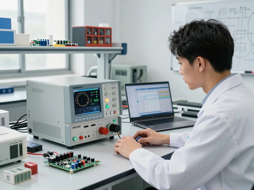 Engineer using the HANMATEK® HM310T Programmable DC Power Supply to control voltage and current settings for testing electronics, illustrating what does a programmable power supply do in a lab environ