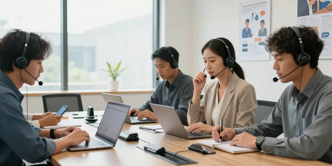 Telecomshop.nl's team showcasing headsets and communication tools in a bright office.