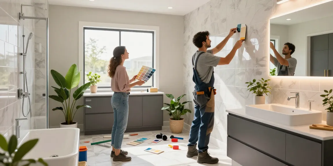 Oakville bathroom renovation with contractor and homeowner discussing design in a modern, stylish bathroom.