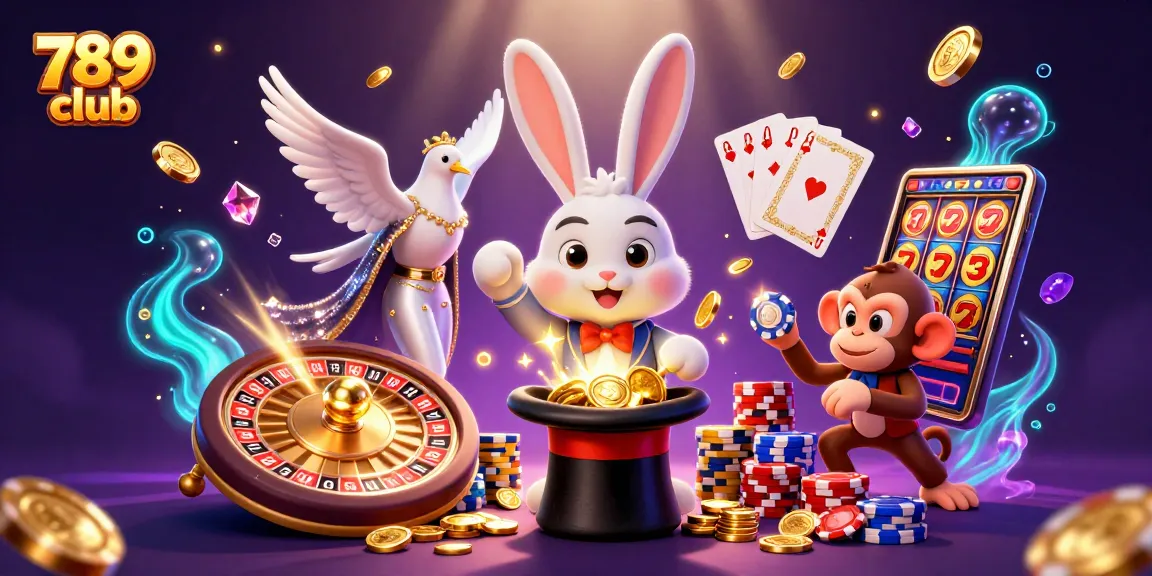 Enjoy thrilling games at 789 club with a magician rabbit, colorful poker chips, and dazzling coins.