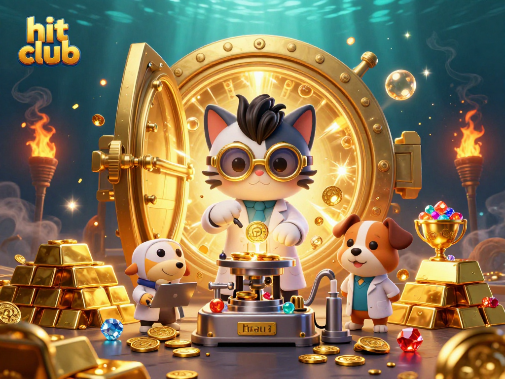 Experience the excitement of hit club with a mad scientist cat and treasure-filled lab illustration.