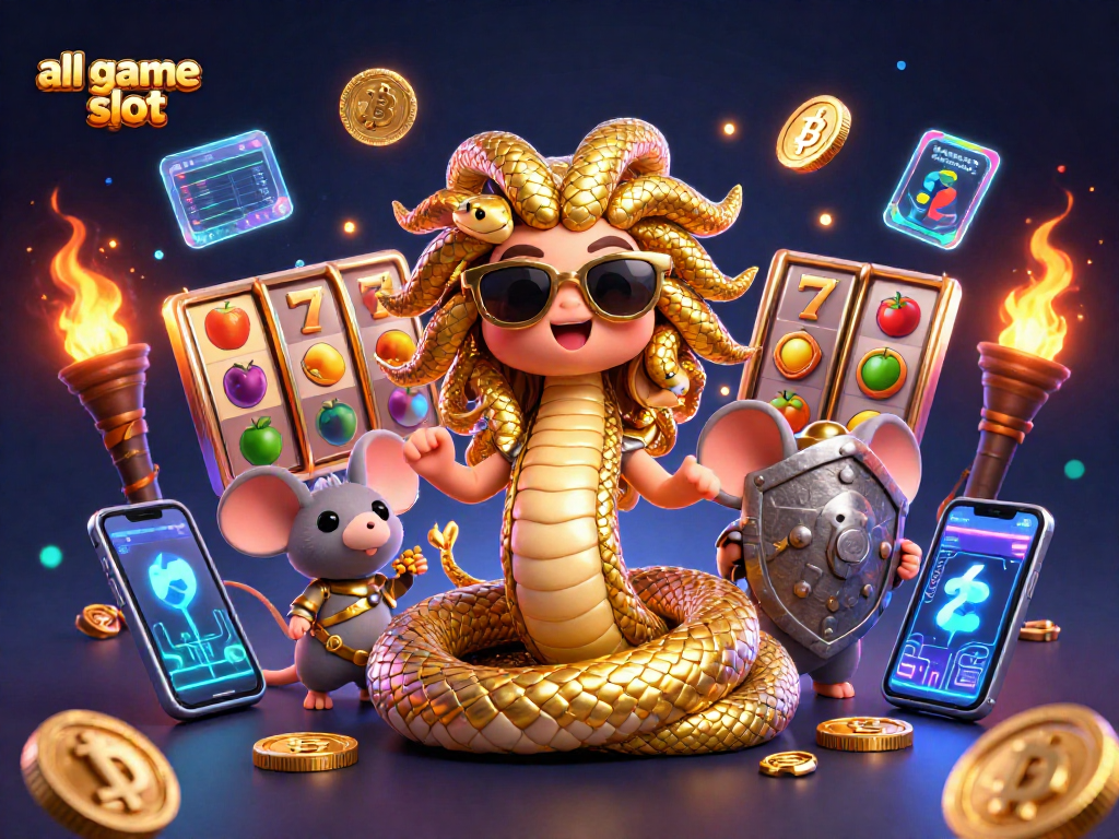 เล่น all game slot พร้อมสัญลักษณ์สล็อตและเหรียญคริปโตในภาพอนิเมชั่น 3 มิติ