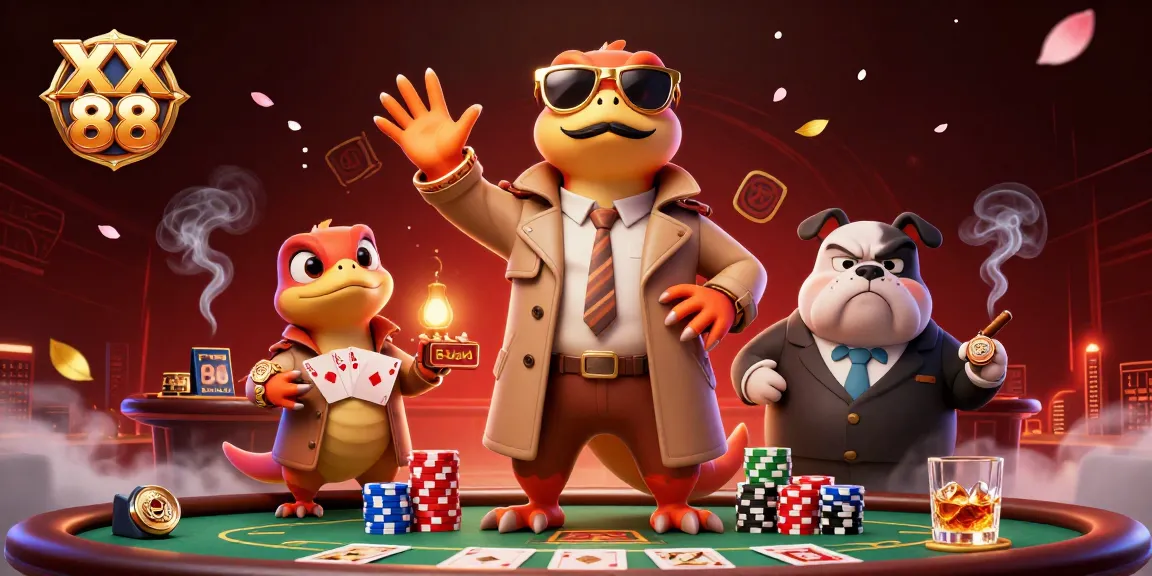 Engage in thrilling gaming action at XX 88, featuring exciting poker elements in a vibrant 3D casino scene.