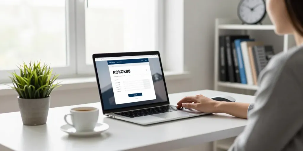rokok88 login access on a modern laptop in a well-lit office workspace