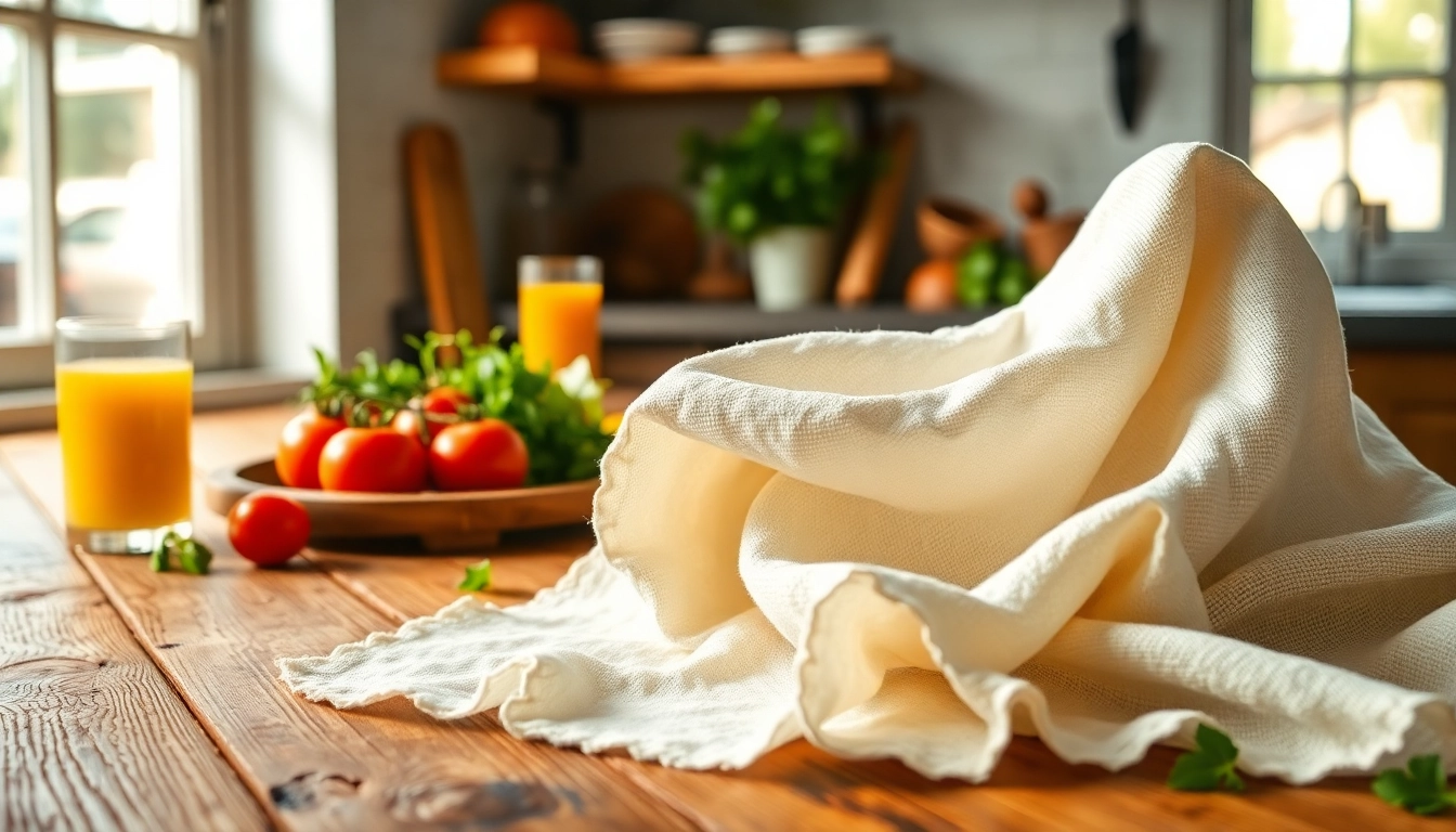 Kaasdoek op een houten tafel met verse ingrediënten en een glas sap op de achtergrond.