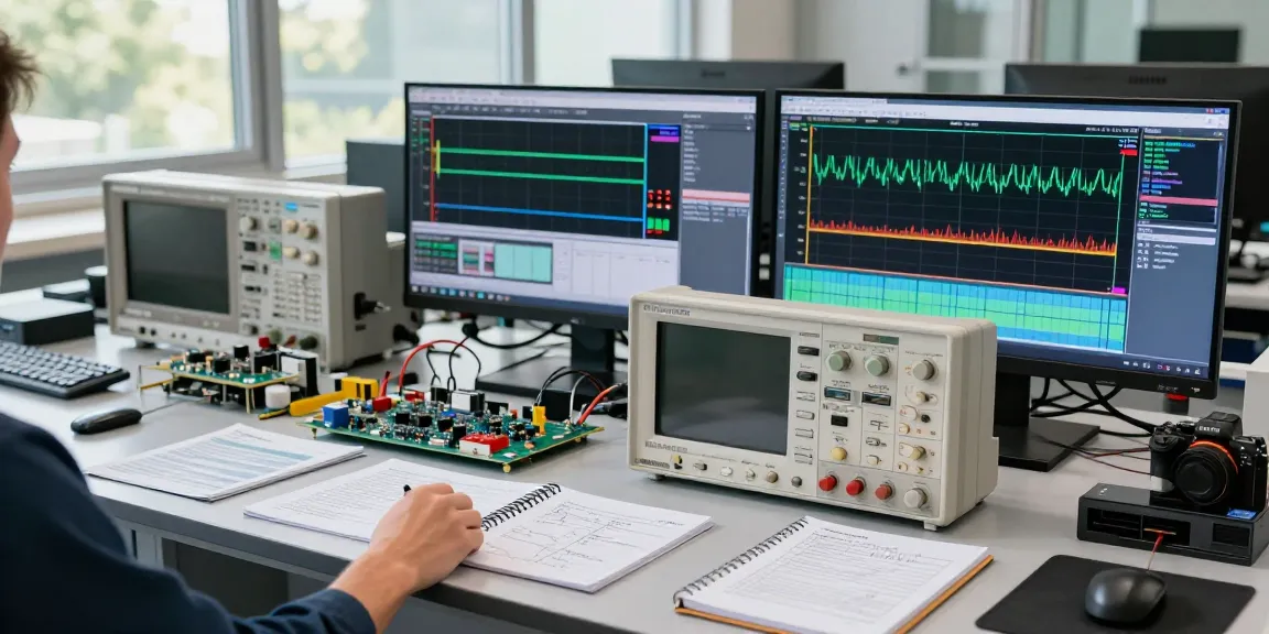 Affordable Digital Oscilloscope in use by engineer analysing signals in a modern tech lab, showcasing precision and advanced technology.