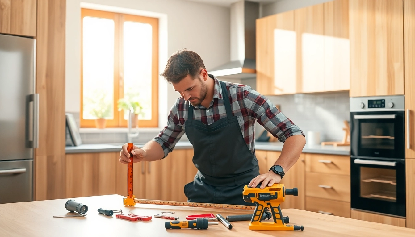 Kitchen fitters near me measuring sleek cabinets in a bright modern kitchen.