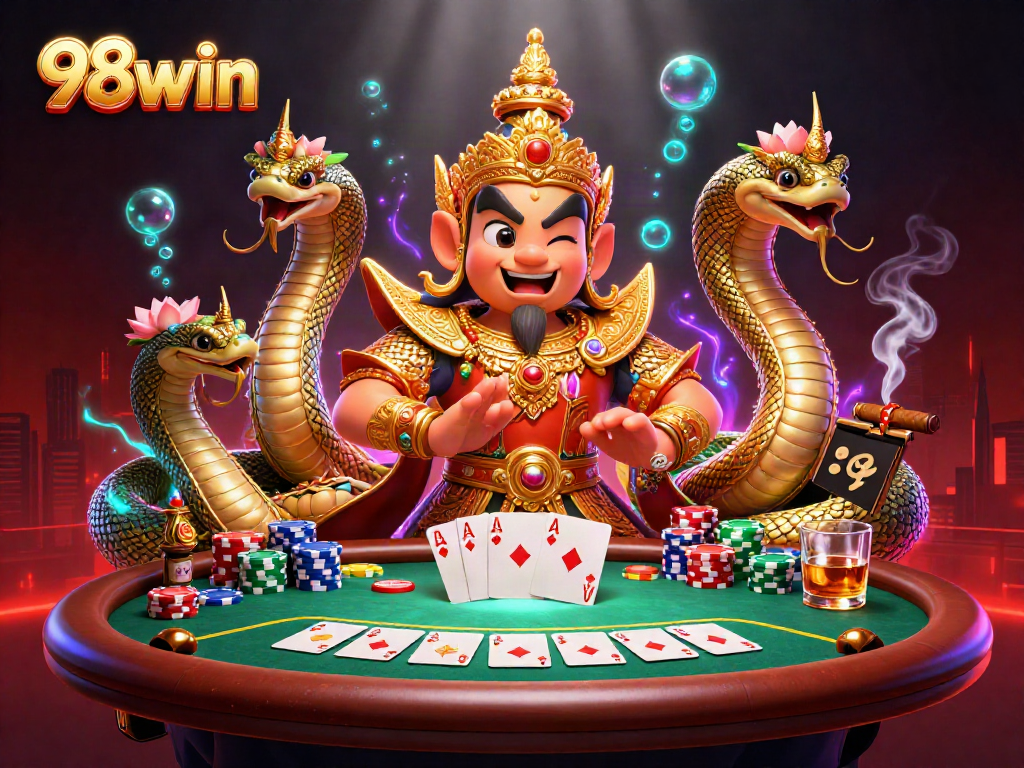 Play cards and win big at 98win with a lively poker scene featuring vibrant characters and rich details.