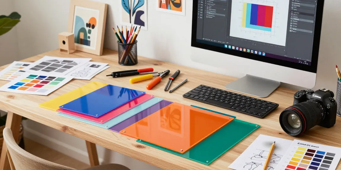 Custom acrylic standee design in a creative workspace.