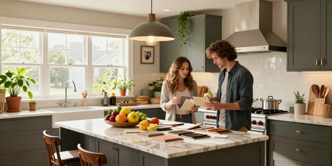 Stylish kitchen design renovation with a homeowner examining countertop samples and vibrant fruits.