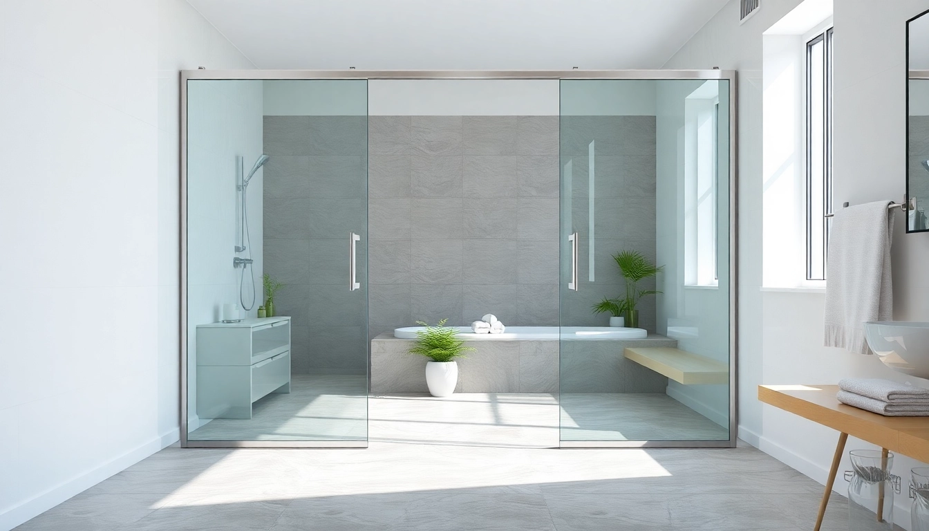 Elegant shower doors sliding in a modern bathroom, showcasing sleek glass design and inviting atmosphere.